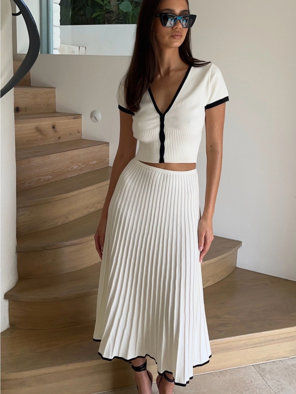 Meshki White and Black trim Cropped Knit Top